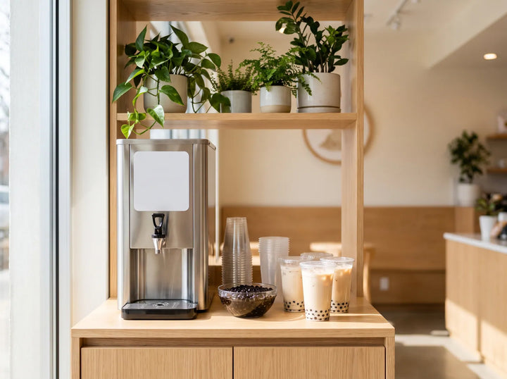 Bubble tea drink station with a tea dispenser, stacked cups, a bowl of tapioca pearls and three milk teas on a wooden counter
