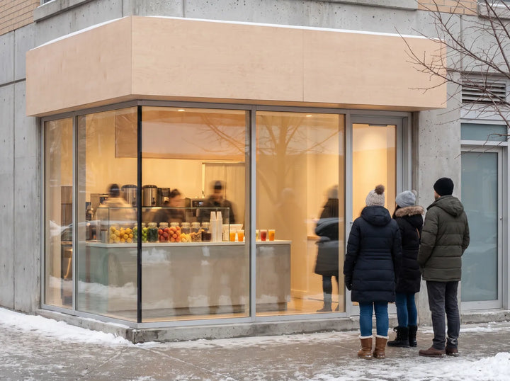 Three people in winter coats queue outside a bubble tea shop storefront in the snow