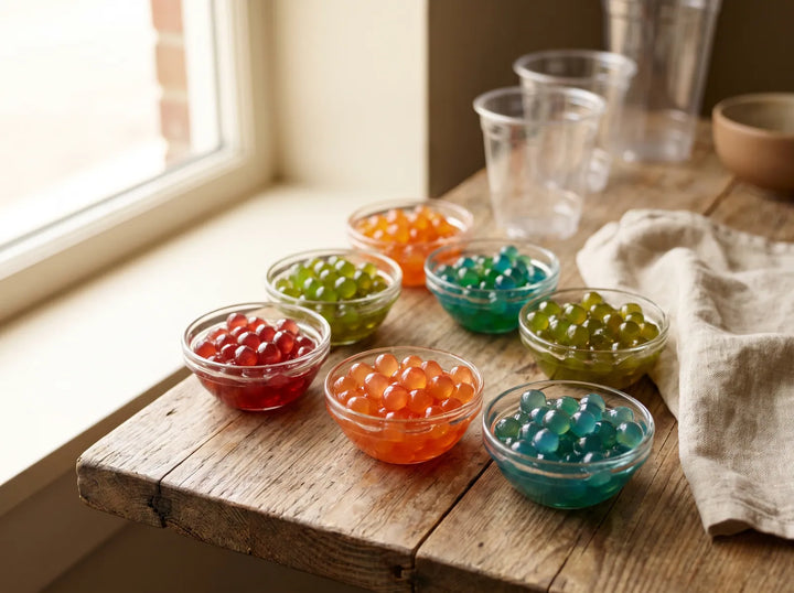 Popping boba in orange, red, green and blue in glass bowls on a wooden table beside clear cups