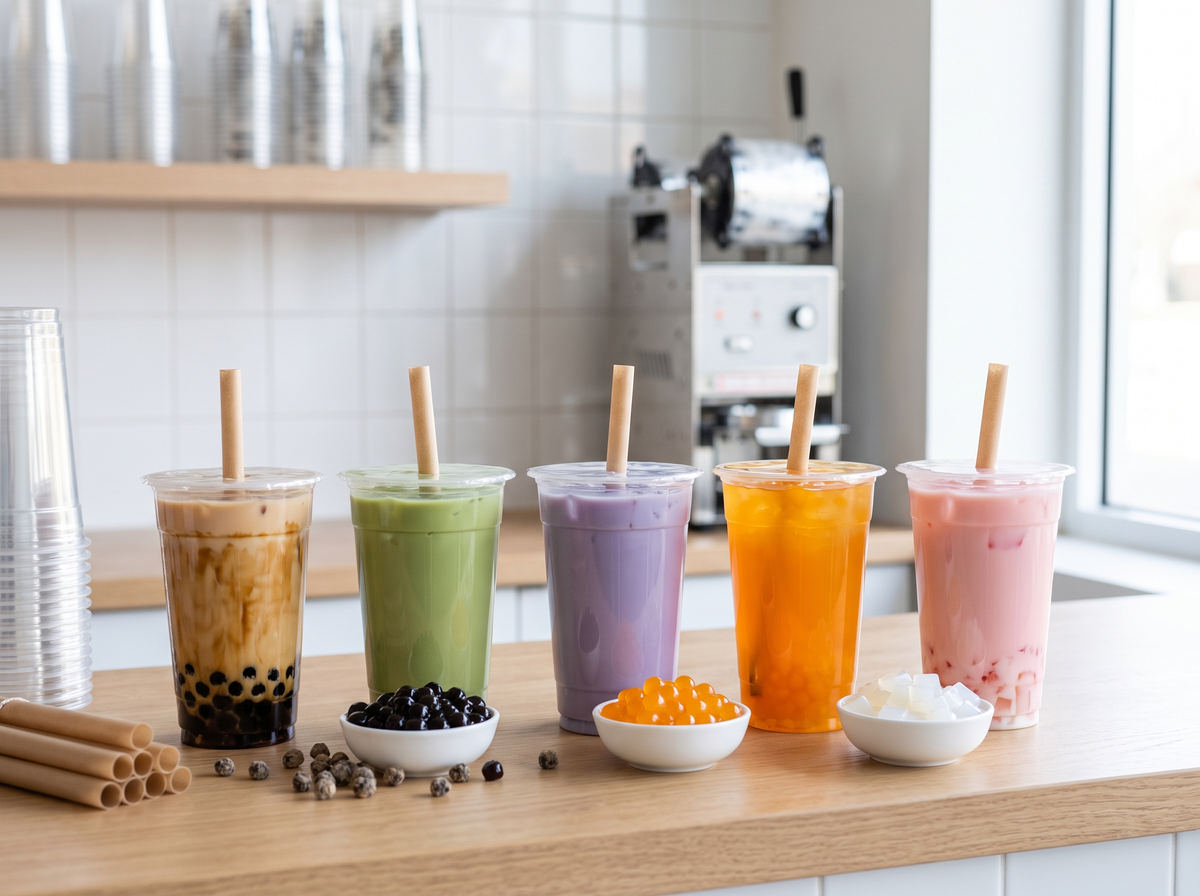 Five bubble tea drinks in clear cups on a shop counter, with bowls of tapioca pearls, popping boba and coconut jelly in front and a cup sealing machine behind