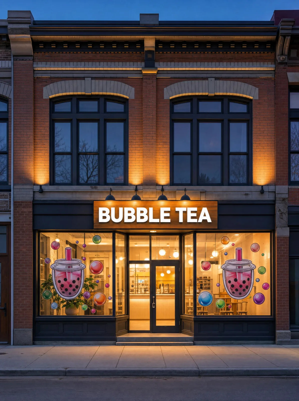Newly built bubble tea shop at dusk in a red brick building, with a lit orange BUBBLE TEA sign above the door and boba cup graphics in the glowing windows